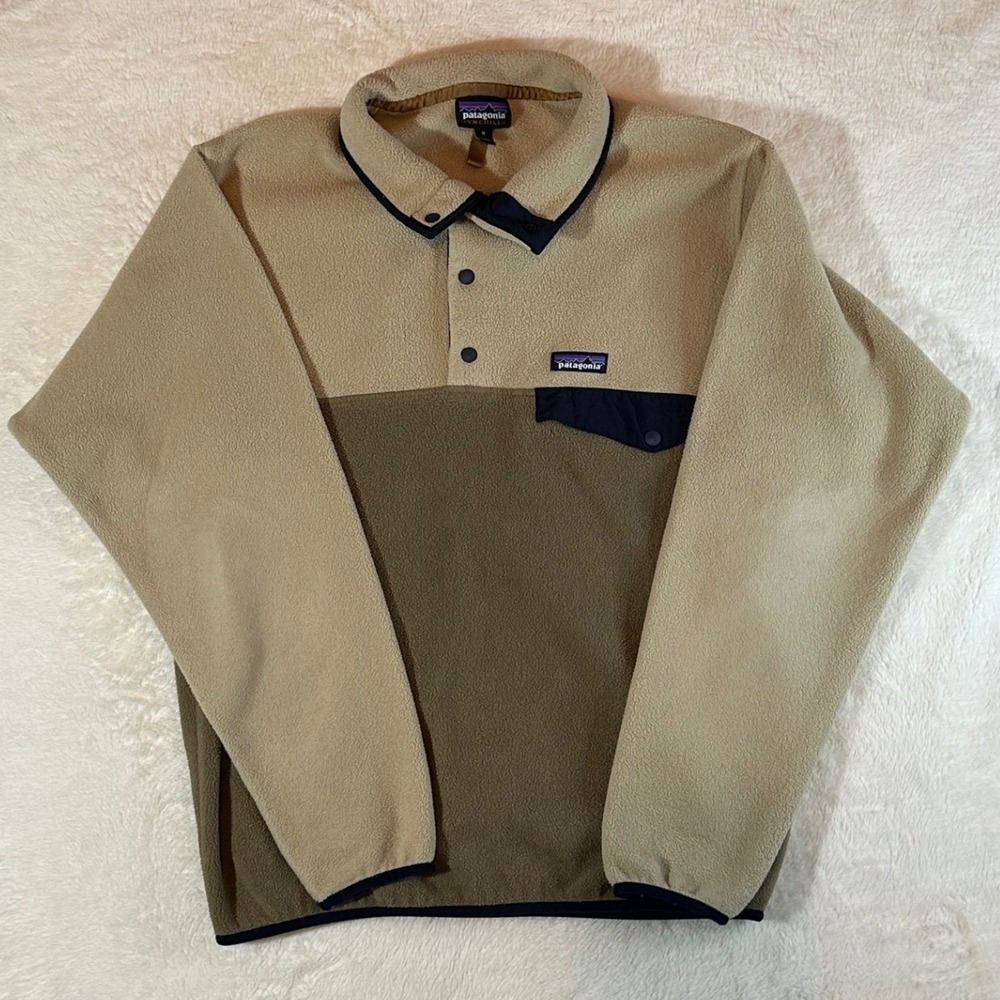 Patagonia Synchilla Snap-T Fleece Pullover Tan Olive Green Mens Medium